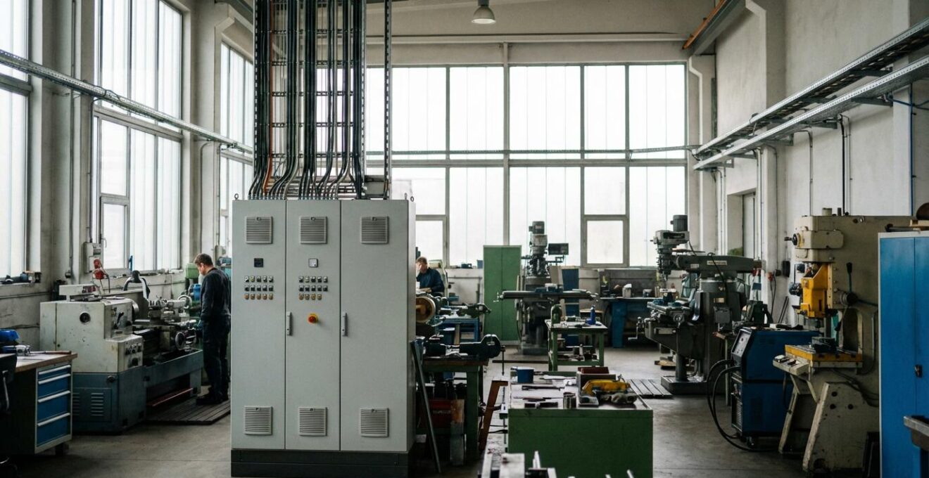 Intérieur d'un atelier professionnel moderne avec tableau électrique triphasé visible