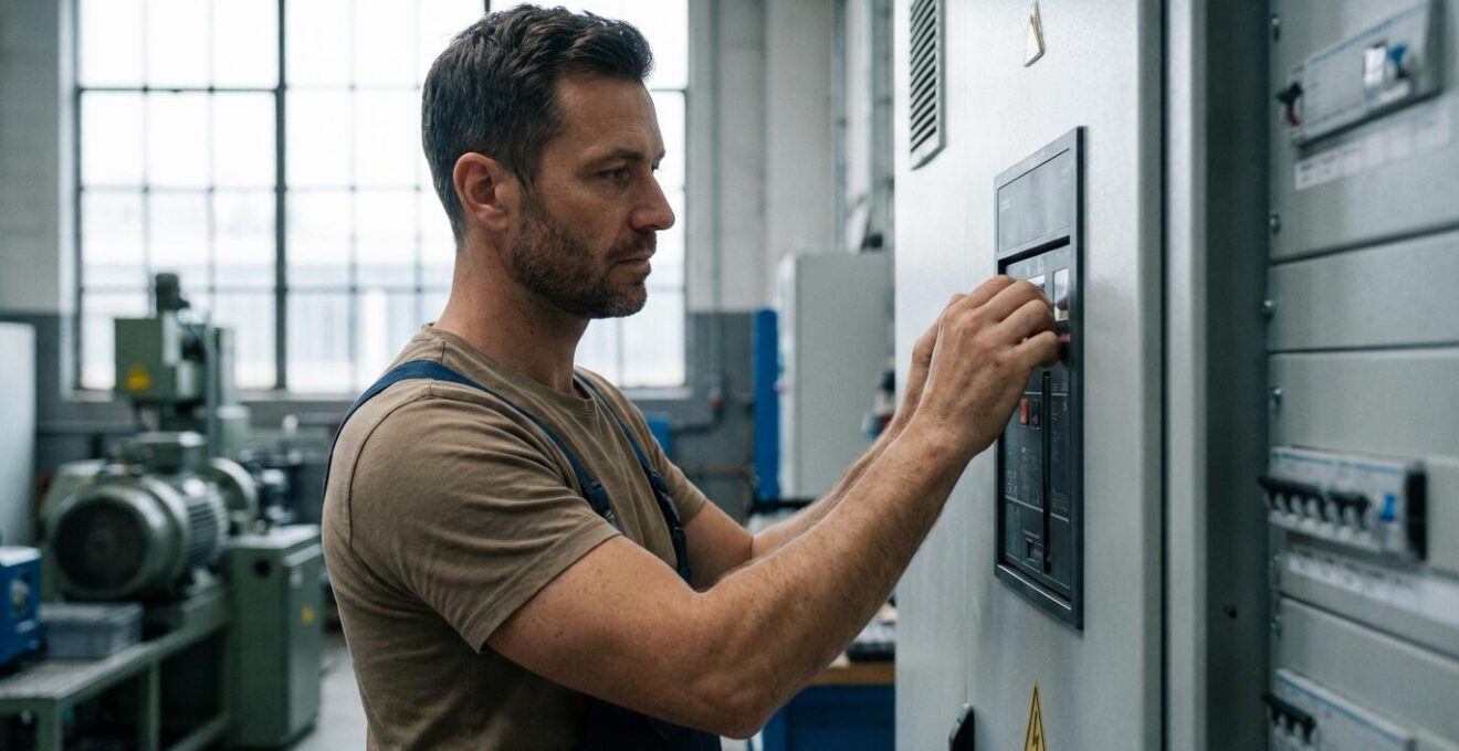 Électricien professionnel inspectant un tableau électrique moderne dans un local commercial