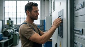 Électricien professionnel inspectant un tableau électrique moderne dans un local commercial