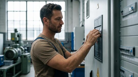 Électricien professionnel inspectant un tableau électrique moderne dans un local commercial
