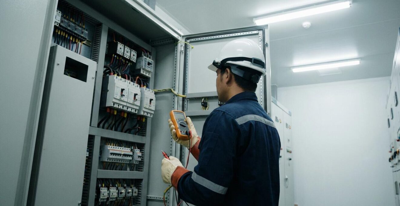 Technicien électricien effectuant des mesures sur un tableau électrique professionnel